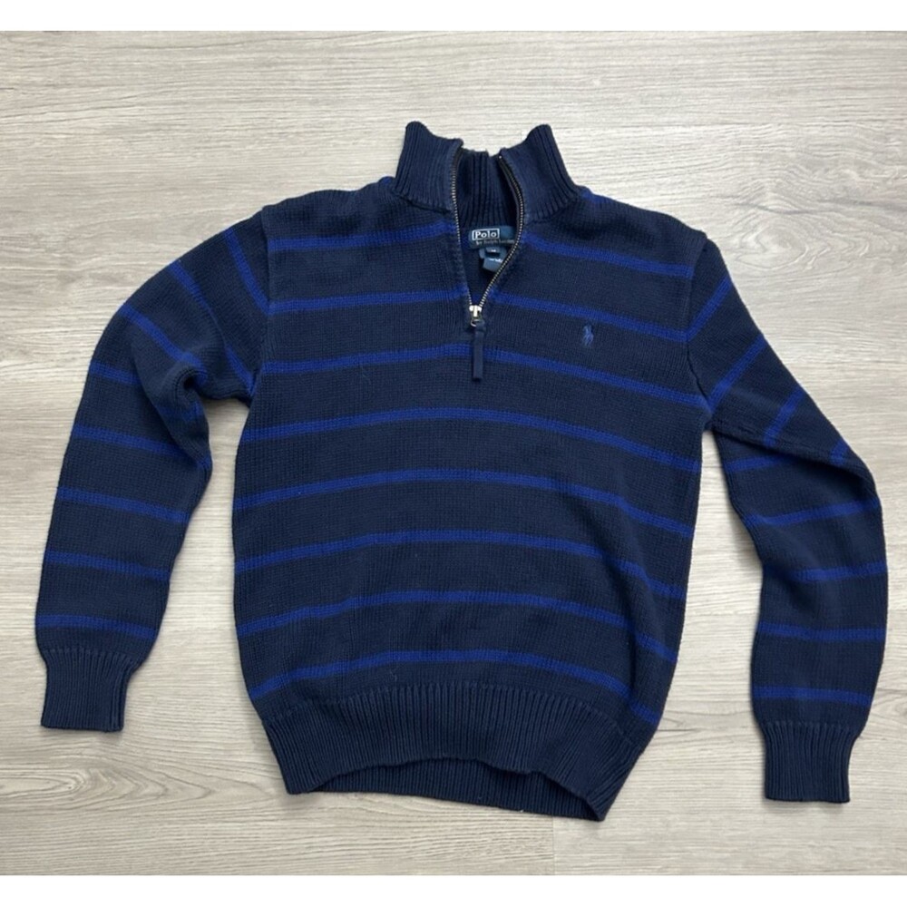 Vintage POLO RALPH LAUREN Sweater Boys Navy Blue Stripe medium 1/4zip preppy